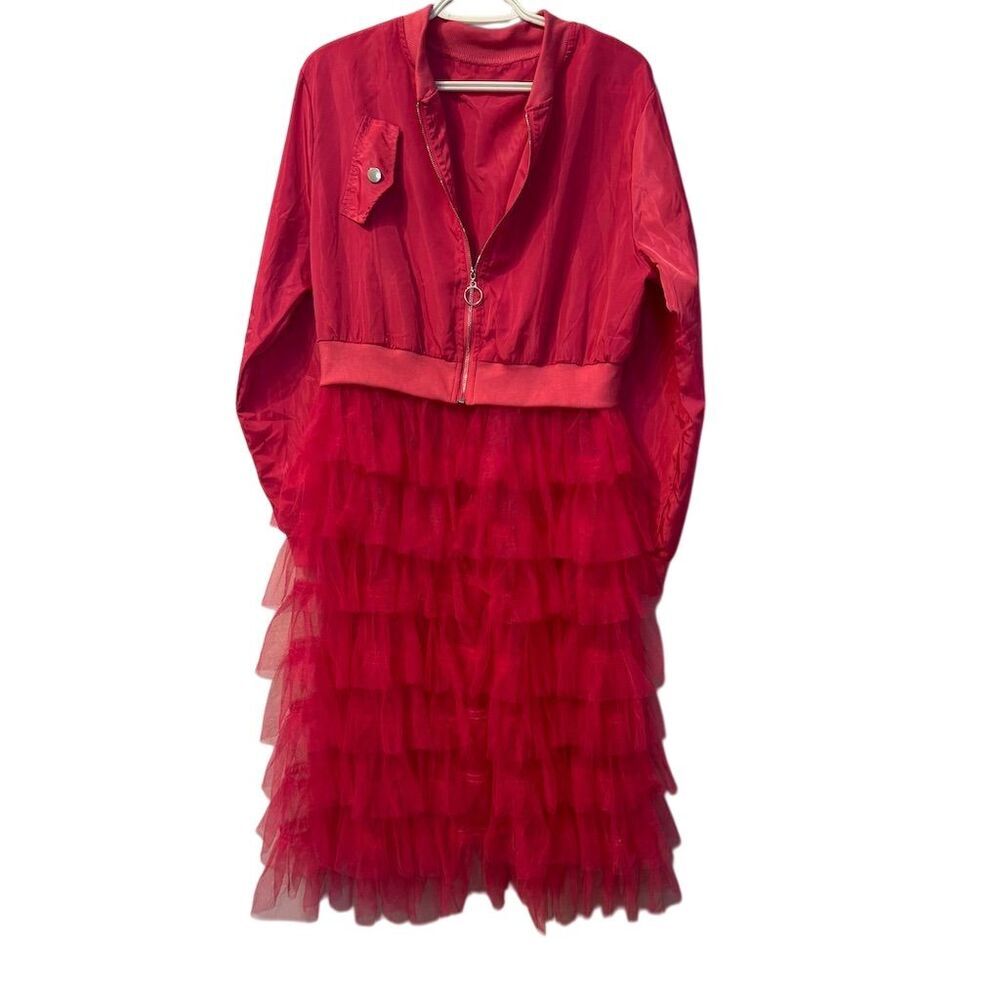 Red Tiered Tulle Bomber Jacket Dress - Women's Zip-Front